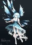  adapted_costume alternate_costume barefoot blue_eyes blue_hair cirno dated dress full_body hair_ribbon ice ice_wings looking_at_viewer mokokiyo_(asaddr) puffy_sleeves ribbon short_hair short_sleeves signature simple_background slim_legs snowflakes solo text_focus touhou upskirt wings 