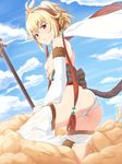  andira_(granblue_fantasy) animal_ears ass bare_shoulders barefoot blonde_hair blush breasts brown_eyes cloud commentary_request day detached_leggings detached_sleeves erune flying_nimbus from_behind granblue_fantasy hair_ornament hairband highres kneeling looking_at_viewer looking_back monkey_ears monkey_tail nipple_slip nipples odaodaoaoda open_mouth panties red_eyes short_hair small_breasts solo staff tail underwear white_panties 