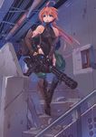  :o ahoge bangs bare_shoulders between_breasts blue_eyes boots breasts building cable ceiling combat_boots covered_navel cross-laced_footwear debris elbow_gloves fingerless_gloves full_body g.haruka gatling_gun gloves groin gun hair_between_eyes halterneck headset highleg highleg_leotard holding holding_gun holding_weapon indoors knee_boots lace-up_boots leotard long_hair long_ponytail looking_to_the_side low_ponytail medium_breasts microphone open_mouth original pipes railing red_hair short_hair_with_long_locks solo stairs strap strap_cleavage talking turtleneck very_long_hair walking weapon 
