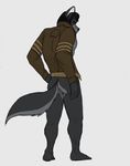  age_difference anthro bottomless brown_eyes butt canine clothed clothing damien_hayabusa digital_media_(artwork) fur hair hyperchaotix jacket looking_back male mammal muscular older_male presenting randochris smile solo_focus wolf 