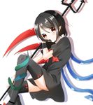  abe_suke animal armlet asymmetrical_wings black_dress black_hair blush bow bow_legwear bowtie dress frilled_shirt_collar frills highres holding holding_weapon houjuu_nue looking_at_viewer pointy_ears polearm red_bow red_eyes red_neckwear short_hair short_sleeves sidelocks simple_background smile snake solo tareme thighs touhou trident weapon white_background wings 