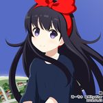  2016 akatsuki_(kantai_collection) artist_name black_dress blue_shirt blue_sky bow building collarbone cosplay dated day dress eyebrows eyebrows_visible_through_hair flying hair_bow hairband house kantai_collection kiki kiki_(cosplay) long_hair looking_at_viewer majo_no_takkyuubin miicha outdoors purple_eyes red_bow shirt short_sleeves sky solo tareme very_long_hair 