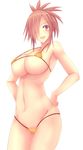  :d azanami_(pso2) bikini breasts cowboy_shot groin hair_over_one_eye hands_on_hips highres large_breasts long_hair looking_at_viewer micro_bikini navel open_mouth phantasy_star phantasy_star_online_2 ponytail red_eyes red_hair shade simple_background smile solo strap_gap string_bikini sukage swimsuit underboob white_background yellow_bikini 