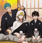  aqua_eyes black_hair blonde_hair blue_eyes blue_hair food fruit hakama hood horikawa_kunihiro indian_style japanese_clothes jigoku_meguri male_focus mandarin_orange multiple_boys new_year open_mouth red_eyes seiza sitting smile touken_ranbu yamabushi_kunihiro yamanbagiri_kunihiro 