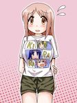  aikawa_chiho brown_hair flying_sweatdrops hinata_yukari ichii_yui long_hair nonohara_yuzuko pink_background shirt shorts solo t-shirt yuyushiki zumo 