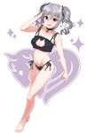  absurdres barefoot bell blush bra breasts cat_cutout cat_ear_panties cat_lingerie cleavage_cutout drill_hair full_body highres idolmaster idolmaster_cinderella_girls jingle_bell kanzaki_ranko looking_at_viewer medium_breasts meme_attire navel panties red_eyes side-tie_panties silver_hair solo twin_drills twintails underwear underwear_only yamerun 