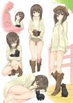  1girl admiral_(kantai_collection) aran_sweater bare_legs barefoot black_cat boots brown_eyes brown_hair cat closed_eyes cowboy_boots dress eighth_note fetal_position flat_chest fringe_trim gintarou_(kurousagi108) hat headgear kantai_collection lying musical_note on_side ribbed_dress ribbed_sweater short_dress short_hair smile sweater sweater_dress taihou_(kantai_collection) turtleneck 