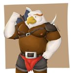  armor avian axe belt biceps big_muscles bird brown_fur chococlass clothed clothing eagle fur looking_at_viewer male melee_weapon musclegut muscular nipples smile solo topless weapon white_fur 