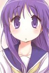  hinata_yukari long_hair looking_at_viewer open_mouth purple_eyes purple_hair school_uniform school_uniform_(yuyushiki) serafuku solo tatsunokosso yuyushiki 