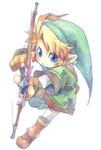  artist_request blonde_hair blue_eyes bow_(weapon) earrings hat jewelry link male_focus pointy_ears solo source_request the_legend_of_zelda traditional_media weapon 