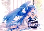  barefoot blue_eyes blue_hair cage chain dress long_hair original solo soyah wings 