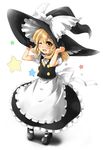  apron blonde_hair blush buttons hair_ribbon hand_on_headwear hat hat_ribbon kirisame_marisa mary_janes one_eye_closed ribbon shoes solo star toichi touhou waist_apron witch_hat yellow_eyes younger 