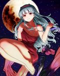  barefoot breasts cleavage emanon123 feet full_moon hairband hands idolmaster idolmaster_(classic) long_hair medium_breasts moon red_eyes shijou_takane silver_hair solo wrapped_up 