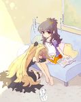  barefoot blonde_hair blush brown_hair closed_eyes feet halo_(artist) konjiki_no_yami lap_pillow legs long_hair md5_mismatch multiple_girls sitting sleeping sweat thigh_strap to_love-ru translated yuuki_mikan 