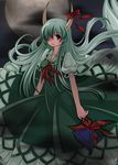  aoilio bad_id bad_pixiv_id bow dark_clouds darkness ex-keine hat hat_removed headwear_removed holding holding_hat horns kamishirasawa_keine long_hair one-eyed red_eyes ribbon silver_hair smile solo tail touhou 
