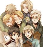  america_(hetalia) axis_powers_hetalia black_eyes black_hair blonde_hair blush canada_(hetalia) closed_eyes finland_(hetalia) france_(hetalia) glasses green_eyes hug hug_from_behind japan_(hetalia) kumajirou_(hetalia) multiple_boys purple_eyes short_hair smile stuffed_animal stuffed_toy sweden_(hetalia) teddy_bear uniform united_kingdom_(hetalia) xylit01 