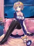  akimoto alice_margatroid black_legwear blonde_hair blue_eyes book breasts curtains doll doll_joints hairband highres medium_breasts night night_sky panties pantyshot pantyshot_(sitting) ribbon shanghai_doll shooting_star short_hair sitting sky solo star_(sky) starry_sky thighhighs touhou underwear window 