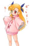  artist_request blonde_hair bottomless child heterochromia long_hair lyrical_nanoha mahou_shoujo_lyrical_nanoha_strikers oversized_clothes ribbon solo translation_request vivio younger 