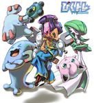  aburaya_tonbi bare_shoulders bronzor crossed_arms dark_skin gardevoir gen_1_pokemon gen_2_pokemon gen_3_pokemon gen_4_pokemon jigglypuff long_skirt magneton midriff nintendo original phanpy pixiv_trainer pokemon pokemon_(creature) purple_hair red_eyes skirt tank_top veil wobbuffet 