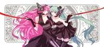  asymmetrical_clothes bad_id bad_pixiv_id black_legwear bow breasts butterfly_hair_ornament butterfly_wings choker chris4708 cleavage dress fingerless_gloves gloves green_hair hair_ornament hat hatsune_miku headphones holding_hands interlocked_fingers long_hair magnet_(vocaloid) medium_breasts megurine_luka mini_hat mini_top_hat multiple_girls pink_hair ribbon thighhighs top_hat twintails very_long_hair vocaloid wings zettai_ryouiki 