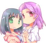  black_hair blush breasts casual chibi green_eyes holding_hands kajiki_yumi kapiko multiple_girls open_mouth purple_hair red_eyes saki short_hair small_breasts smile touyoko_momoko 