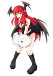  bat_wings between_breasts breasts cheerleader cleavage drooling head_wings heart heart_in_mouth kedama kin'iro_sakana-kan koakuma large_breasts legs long_hair necktie necktie_between_breasts o_o red_hair red_neckwear solo touhou wings yellow_eyes 