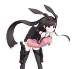  animal_ears arched_back bare_shoulders bent_over black_hair bunny_ears elbow_gloves gloves gun hand_on_hip handgun kazuoki leaning_forward long_hair original purple_eyes simple_background smile solo thigh_strap thighhighs very_long_hair weapon 