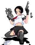  black_hair bleeding blood bullpup desert_eagle dual_wielding gloves gun handgun highres holding injury luceva magazine_(weapon) magazine_ejection midriff original p90 pistol shell_casing short_hair solo submachine_gun thighhighs trigger_discipline weapon 