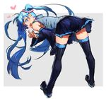  bent_over blue_eyes blue_hair from_behind hatsune_miku heart leaning_forward legs long_hair looking_back mizore_syrup skirt solo thighhighs twintails v very_long_hair vocaloid zettai_ryouiki 