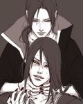  greyscale hair_between_eyes lily_(artist) lowres male_focus monochrome multiple_boys naruto naruto_(series) orochimaru strangling uchiha_itachi 