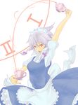  braid cup decantering hair_ribbon izayoi_sakuya maid_headdress pouring red_eyes ribbon shichi_daidai solo teacup touhou twin_braids white_hair 