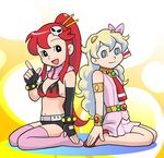  2girls belt bikini_top fingerless_gloves fujiko_f_fujio_(style) gloves hair_ornament kneeling long_hair multiple_girls nia_teppelin parody ponytail red_hair shorts studded_belt studded_bracelet style_parody tengen_toppa_gurren_lagann thighhighs ueyama_michirou yoko_littner 