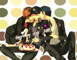  2boys cake cheek_kiss closed_eyes double_cheek_kiss female_protagonist_(persona_3) food fork hat headphones iori_junpei kiss multiple_boys nishi_juuji one_eye_closed pastry persona persona_3 persona_3_portable sandwiched school_uniform smile tears yuuki_makoto 