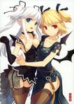  absurdres bat_wings blonde_hair blue_eyes breast_clinging breast_press breasts china_dress chinese_clothes choker cleavage collarbone cosplay costume_switch demon_girl dress elbow_gloves elf garters gloves h2so4 hair_ribbon highres hug long_hair mabinogi medium_breasts multiple_girls nao_(mabinogi) open_mouth pointy_ears red_eyes ribbon side_slit silver_hair succubus succubus_(mabinogi) symmetrical_docking thighhighs twintails wings 