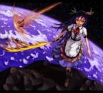  atmospheric_reentry bad_id bad_pixiv_id blue_hair flaming_sword food fruit grin hat hinanawi_tenshi kurione_(zassou) long_hair meteor peach red_eyes smile solo sword sword_of_hisou touhou weapon 