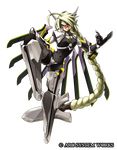  ahoge android armor blade blazblue blazblue:_continuum_shift blonde_hair bodysuit braid crotch_plate fighting_stance frown full_body glowing glowing_eye hair_ornament hair_weapon katou_yuuki lambda-11 leg_up long_hair mask mecha_musume navel official_art red_eyes robot_ears single_braid single_eye solo standing standing_on_one_leg strapless_bottom thighhighs transparent_background very_long_hair visor weapon wings 