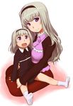  child feet gloves grey_hair hairband idolmaster idolmaster_(classic) kneeling long_hair multiple_girls shijou_takane ttomm 