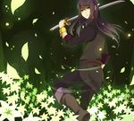  bad_id bad_pixiv_id black_hair boots bracelet flower flower_bed green_background jewelry knee_boots left-handed long_hair male_focus ouri petals solo sword tales_of_(series) tales_of_vesperia weapon yuri_lowell 