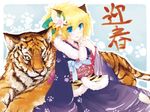  animal_ears japanese_clothes kimono new_year original solo tiger tiger_ears yukitarou_(awamori) 