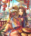  architecture brown_hair crown east_asian_architecture fan fingernails floral_print flower food fuji_choko hair_ornament highres lantern long_fingernails new_year open_mouth original paper_lantern pond rose smile solo tiger water 