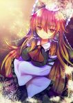  bad_id bad_pixiv_id bow cosplay detached_sleeves flower gradient_hair hair_bow hair_ornament hair_tubes hakurei_reimu hakurei_reimu_(cosplay) hijiri_byakuren long_hair lotus multicolored_hair rarami ribbon solo touhou yellow_eyes 