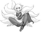  animal_ears blush breasts crotch_seam feet fox_ears greyscale kuro_suto_sukii large_breasts monochrome multiple_tails panties panties_under_pantyhose pantyhose sketch soles solo tail touhou underwear yakumo_ran 