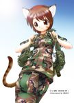  animal_ears bandaid bandaid_on_face brown_eyes brown_hair camouflage cat_ears cat_tail ebifly military military_uniform original solo tail uniform 