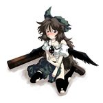  absurdres bow brown_hair eyes hair_bow highres long_hair red_eyes reiuji_utsuho sakuragi_rian solo tears thighhighs torn_clothes torn_legwear touhou wings 