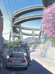  5_centimeters_per_second bridge car commentary day evokid ground_vehicle helmet hoshi_no_koe japanese_clothes mitsubishi_lancer_evolution mitsubishi_motors motor_vehicle multiple_boys outdoors petals power_lines racing_suit real_world_location retaining_wall road scenery shade standing sunlight the_stig top_gear tree 
