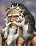  2010 animal animal_on_head bald beard brown_eyes cat cat_on_head commentary_request dated facial_hair living_hair male_focus matataku monita_(matataku) old_man on_head optical_illusion original paws realistic solo too_many too_many_cats 
