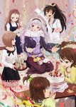  birthday black_hair brown_eyes brown_hair cake closed_eyes food futami_ami futami_mami ganaha_hibiki gift hagiwara_yukiho hairband highres idolmaster idolmaster_(classic) minase_iori multiple_girls pastry ponytail purple_hair red_eyes saintpaulia shijou_takane 