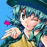  akakage_red aqua_hair blown_kiss detached_sleeves hat heart heart-shaped_pupils komeiji_koishi one_eye_closed solo symbol-shaped_pupils touhou 