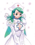  breasts cleavage cleavage_cutout cross cross_cutout dress flower forehead_jewel green_eyes green_hair highres large_breasts mugen_no_fantasia nurse ryoji_(nomura_ryouji) smile solo wings 