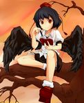  araco black_hair black_wings brown_eyes geta hat in_tree looking_at_viewer notebook pen shameimaru_aya short_hair sitting sitting_in_tree solo tengu-geta tokin_hat touhou tree wings 